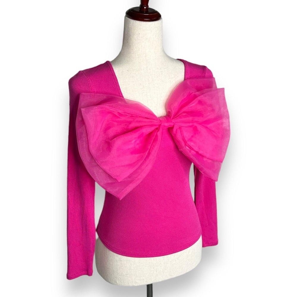 NWT Anthropologie Sunday in Brooklyn pink bow top Petites XS Ribbed Chiffon NEW